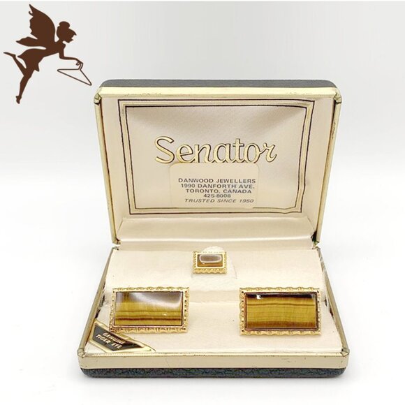 VINTAGE SENATOR Tiger's Eye Cufflinks and Tie Pin Set in Original Box! - Picture 1 of 7